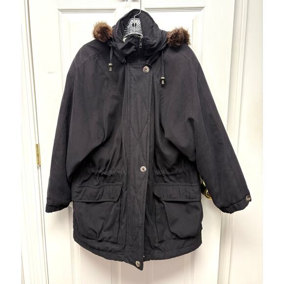 Vintage London Fog Fur Trim Parka Coat Black Hooded Winter Jacket Women’s Size M - Picture 1 of 13